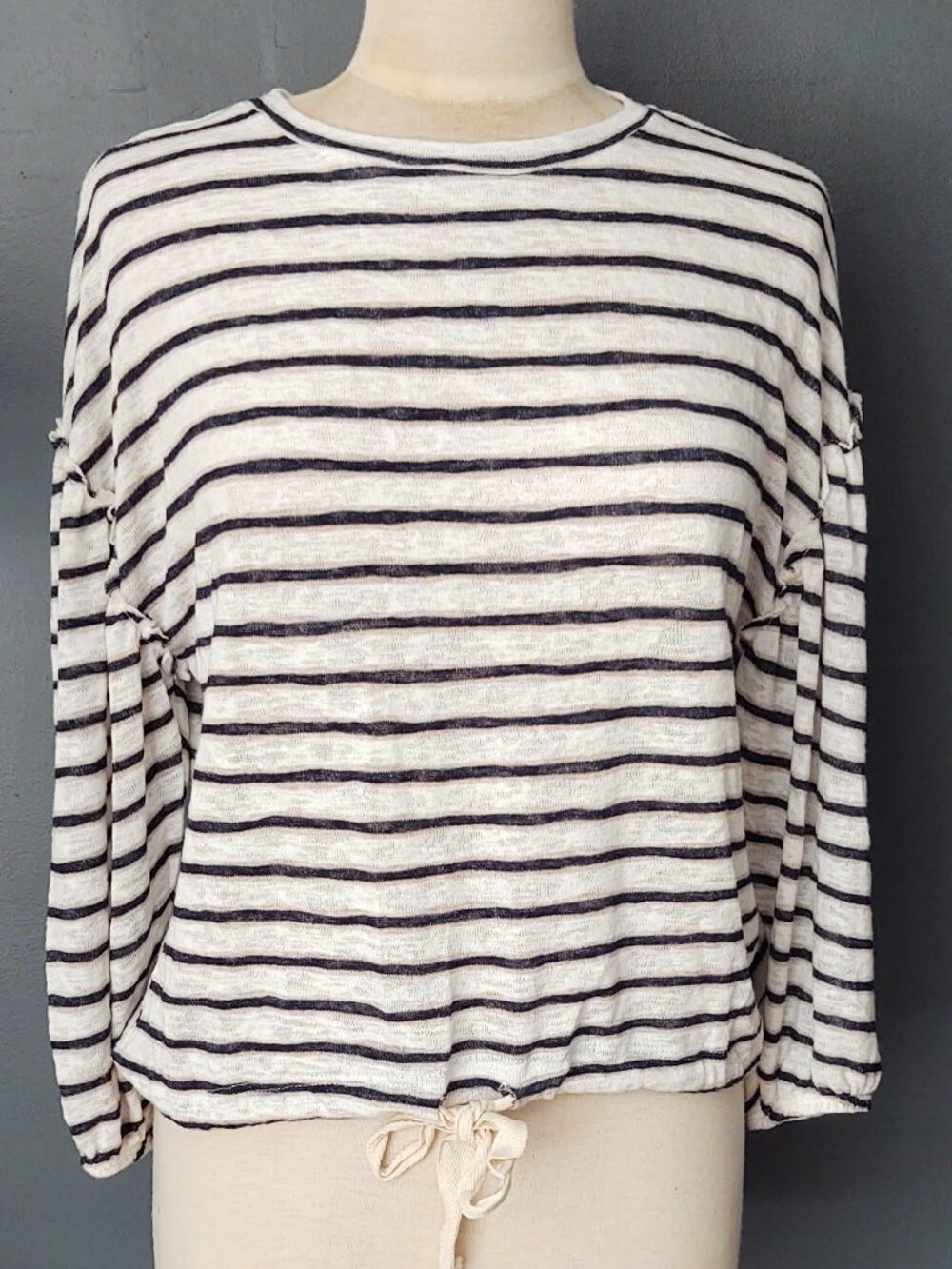 Balloon sleeve drawstring hem striped blouse